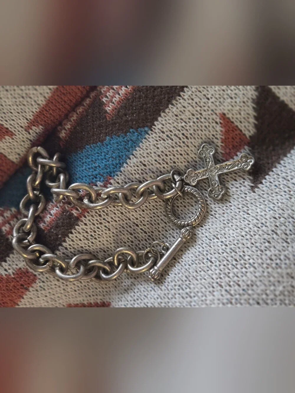 Sterling Silver Cross Toggle Bracelet - Silver